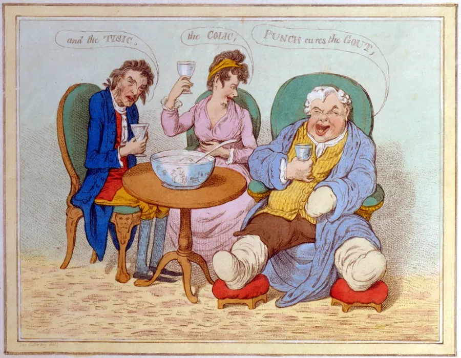 Humoristična ilustracija iz 18. stoljeća koja prikazuje vjerovanje da punč liječi giht i druge bolesti